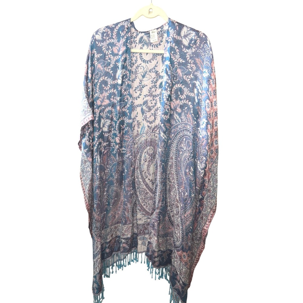 Paisley Floral Kimono Wrap Blue Pink Fringe Trim One Size Boho Cover Up